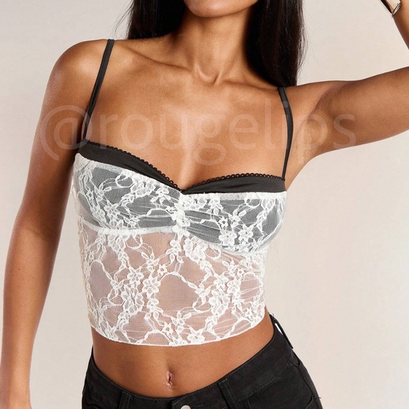 White Lace on Black Bra Crop Bustier Top Sheer - Picture 1 of 8